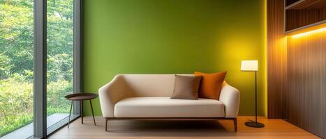 Modern contemporary reading nook with plush beige sofa bright green walls cozy environment photo
