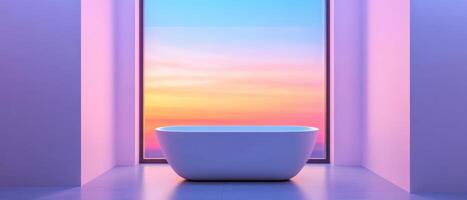 Sleek minimalist bathroom interior with freestanding tub modern design serene sunset view tranquil atmosphere photo