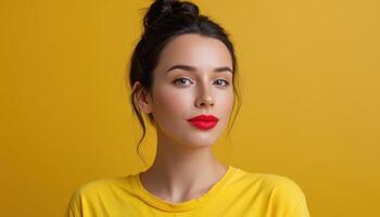 Fashionable young woman portrait vibrant yellow background closeup casual environment confident expression photo