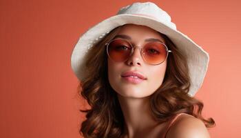 Stylish young woman in sunglasses and hat studio portrait warm background fashion concept photo