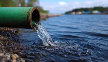Sewage pipe overflowing dirty green water riverbank nature scene outdoor environment close-up perspective photo
