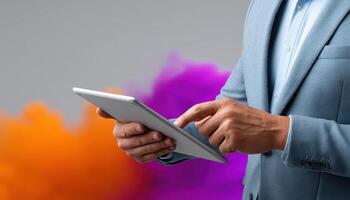 Dynamic business professional engaging with technology office setting digital interaction modern environment close-up view photo