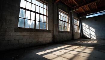 Sunlight streaming through abandoned industrial wall urban location photograph empty environment low angle view photo