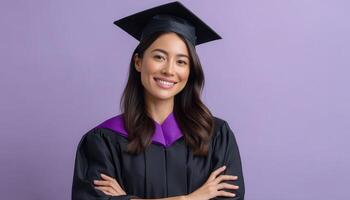 Confident asian female graduate celebrating achievement in cap and gown studio setting portrait perspective photo
