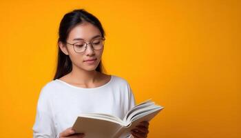 Focused young asian female student reading a book against a bright yellow background photo