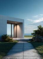 Modern minimalist architecture in sunlit landscape house design tranquil outdoor environment photo
