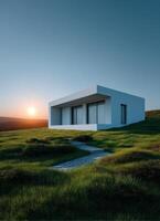 Sunset over minimalist house serene landscape architecture modern design natural environment photo
