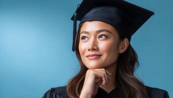 Graduate reflecting on future aspirations university campus portrait indoor close-up inspiration photo