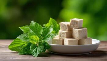 Delightful tofu cubes on white plate with fresh herbs vibrant natural setting photo