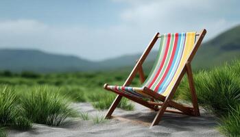 Vibrant beach chair surrounded by soft sand coastal resort photography tranquil environment serene view photo