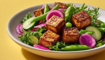 Delicious marinated tofu salad kitchen food photography bright colors close-up health concept photo