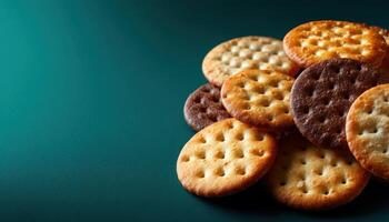 Assorted cracker biscuits closeup food photography studio setup colorful background gourmet snack photo
