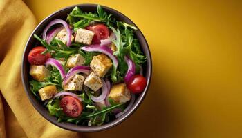 Colorful tofu salad composition kitchen table food photography bright environment high angle view healthy eating photo