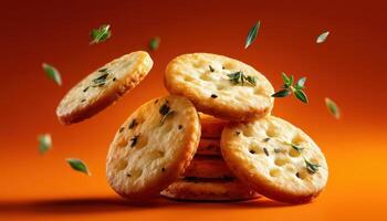 Dynamic arrangement of cheese-flavored cracker biscuits studio food photography vibrant orange background photo