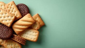 Flavorful cracker biscuit arrangement minimalist background food photography soft lighting gourmet concept photo