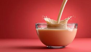Condensed milk stream pouring into a glass bowl food photography studio environment close-up view photo