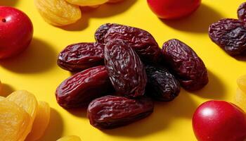 Vibrant display of dried dates and fruit slices kitchen table food photography bright environment close-up view photo