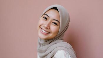 Charming portrait of a young asian muslim woman in standard attire studio setting natural light joyful expression photo