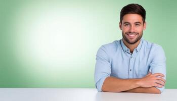 Confident businessman smiling casually at desk modern office portrait bright environment professional vibe photo