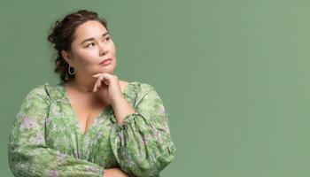 Elegant plus-size woman in flowy skirt studio setting fashion portrait green background photo