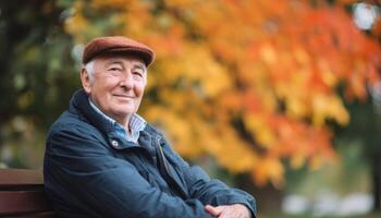 Elderly man smiling on park bench autumn park portrait photography warm atmosphere close-up view photo