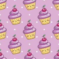 Cute seamless pattern with kawaii cupcakes and charming emotions. Doodle character, endless texture on purple background vector