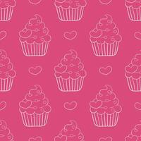 Seamless pattern with the contour of a cupcake with cream on a pink background with hearts vector