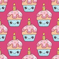 Doodle pattern with a kawaii cupcake with a candle on a pink background vector