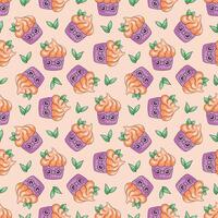 A pattern with a hand-drawn kawaii cupcake with orange cream. Seamless doodle pattern vector