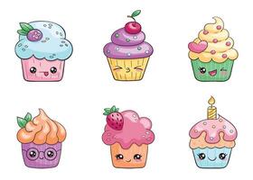 3Kawaii characters, doodle cupcakes with cute emotions. Hand-drawn cupcakes with different fillings and cream vector