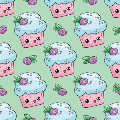 Seamless kawaii cupcake pattern with blue cream and berries on a green background