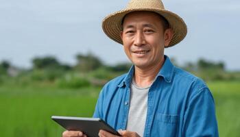 Happy asian farmer in straw hat using tablet rice field portrait daylight agriculture technology photo