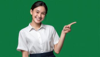 Cheerful asian female student pointing isolated image classroom setting bright green background photo