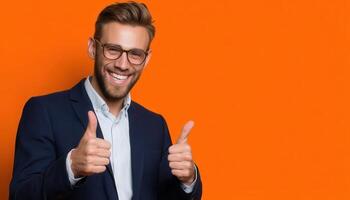 Joyful businessman thumbs up bright orange background low resolution image positive vibes photo