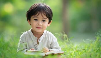 Heartwarming portrait of a little asian child reading outdoors nature background candid shot photo