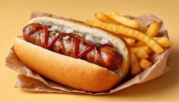 Savory rustic french hot dog with crispy fries cafeteria setting tasty food experience photo