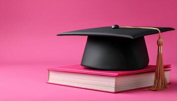 Celebratory graduation cap on pink books college campus photography joyful atmosphere close-up achievement theme photo
