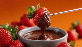 Melted chocolate fondue and strawberries closeup capture culinary delight warm environment gourmet experience photo