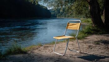 Serene camp chair by the river nature scene outdoor relaxation tranquil environment scenic view photo