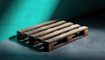 Lonely wooden pallet on sleek black surface minimalist setting industrial photography dramatic lighting photo
