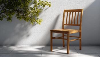 Minimalist wooden chair in a tranquil backyard natural light serene atmosphere photo