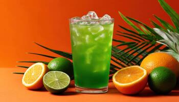 Refreshing green grass jelly drink with citrus fruits close-up shot vibrant background tropical vibe photo