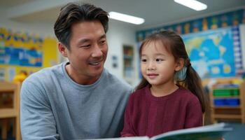 Proud asian father enjoying reading time with daughter in classroom emotional connection warm environment photo