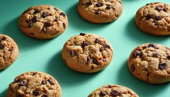 Freshly baked chocolate chip cookies bakery food photography vibrant setting overhead view culinary delight photo