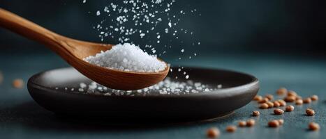 Artful gourmet salt sprinkling kitchen table food photography elegant setting close-up culinary aesthetics photo