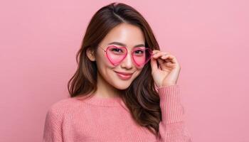 Confident smiling woman in heart-shaped glasses studio portrait vibrant pink background photo