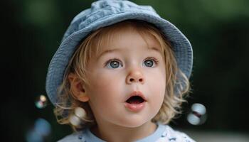Enthusiastic toddler in playful hat enjoying bubble pop fun outdoor setting candid portrait joyful expression photo