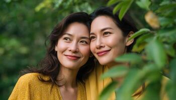 Joyful asian women embracing in a lush green park smiling together nature close-up friendship photo
