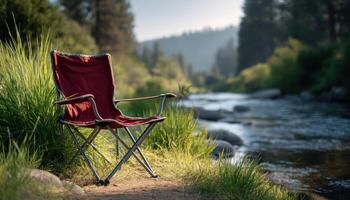 Relaxing camp chair by a serene river nature scene tranquil environment outdoor view photo