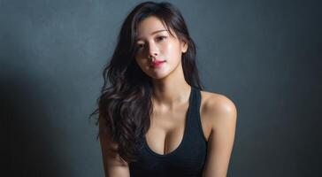 Fitness focus young asian woman posing in studio captivating portrait dramatic lighting photo